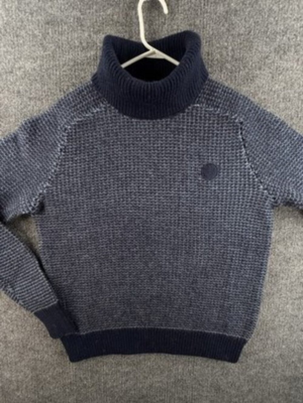 Fred Perry Thick Waffle Knit Turtleneck Sweater Large Logo Blue Wool Pullover